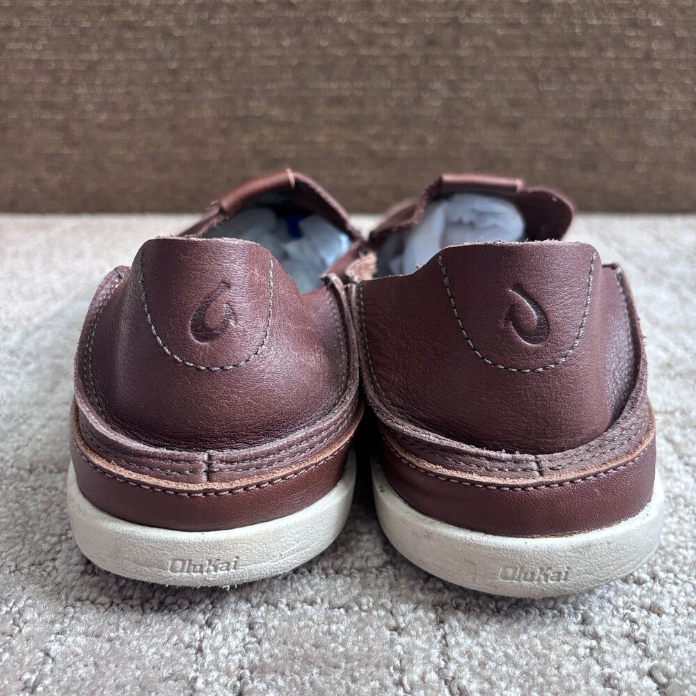 OluKai Nalukai Leather Slip On Shoes Men 12 Brown Loafer Preppy Casual Drop Heel - Picture 5 of 9